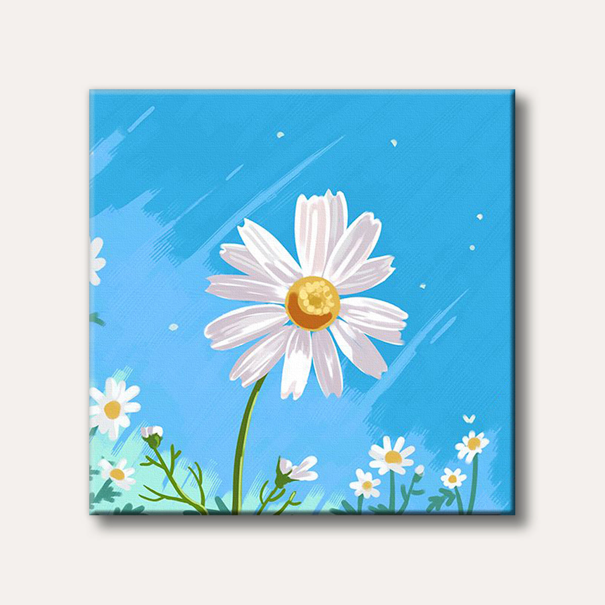 A vibrant digital painting of a large white daisy with a yellow center, surrounded by smaller flowers against a bright blue sky, conveying a cheerful and fresh mood.