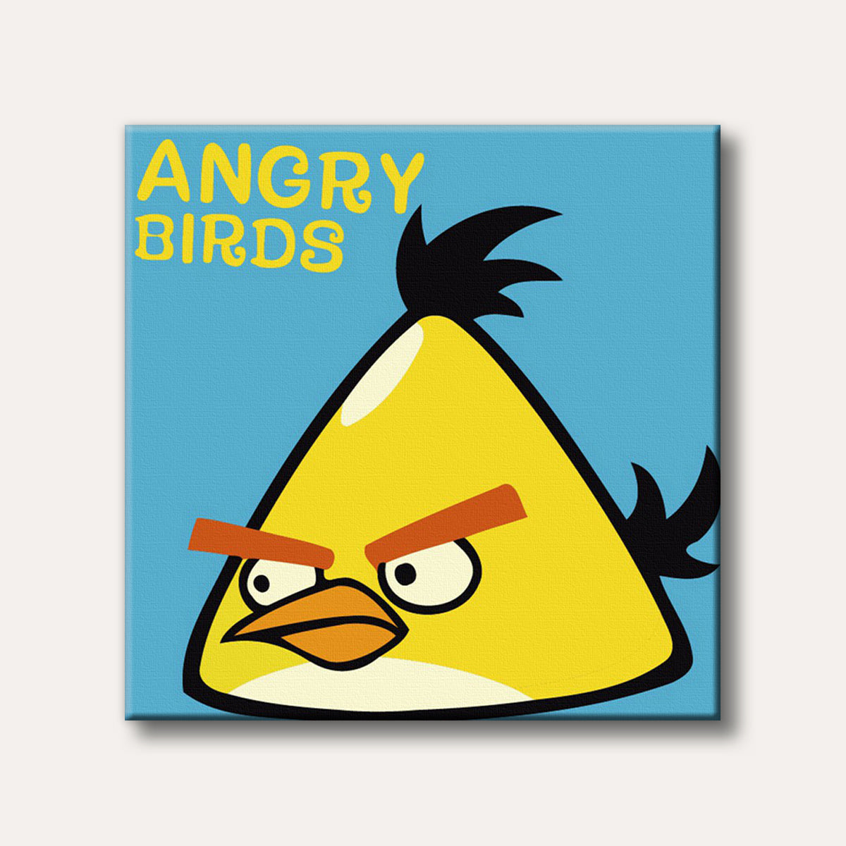 A stylized image of Chuck, the yellow Angry Bird, looking angry against a bright blue background, rendered in a bold, cartoon style.
