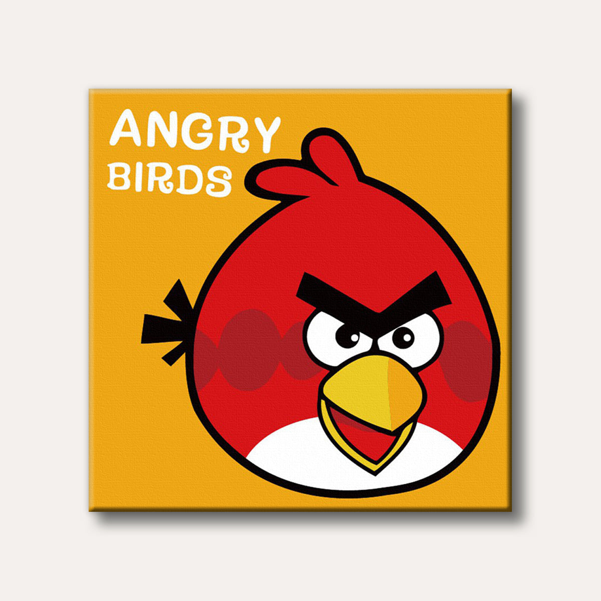 A vibrant, cartoon-style illustration of the red Angry Birds character, Red, with a bold expression on a bright orange background.