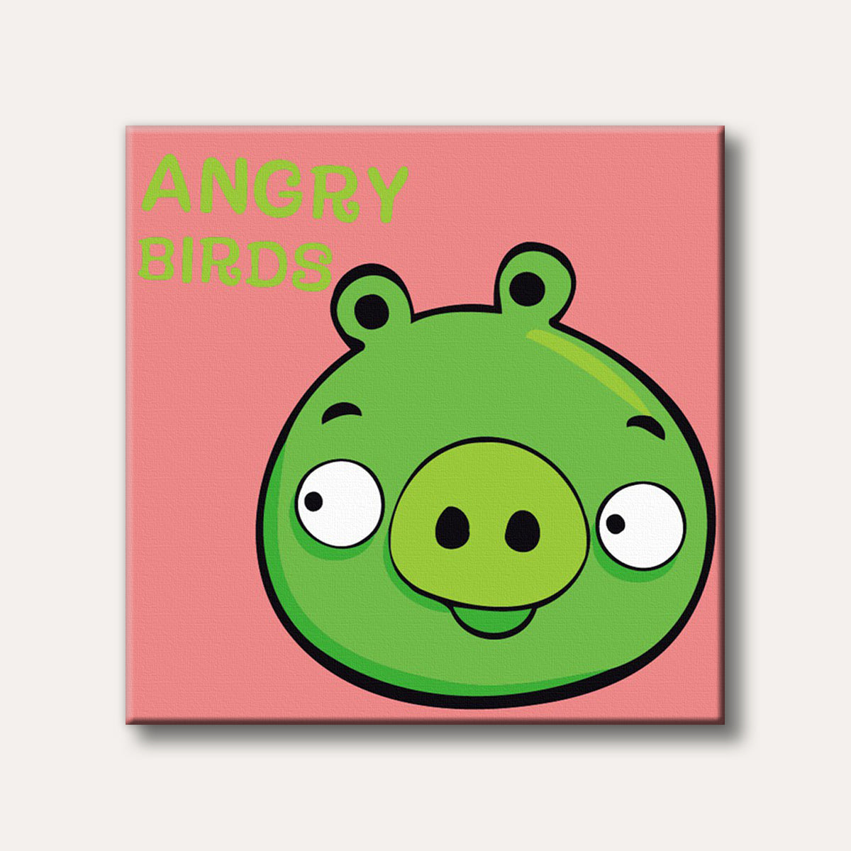 A cartoon depiction of a green pig from Angry Birds with wide eyes and a snout, set against a solid pink background in a simple, playful style.
