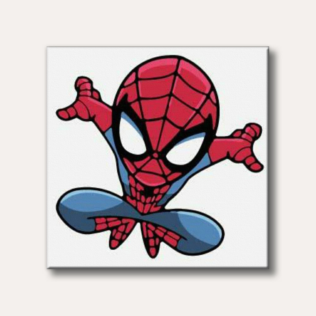 A cute, cartoon-style Spider-Man character in his iconic red and blue suit, with large white eyes, posed as if ready for action against a plain white background.