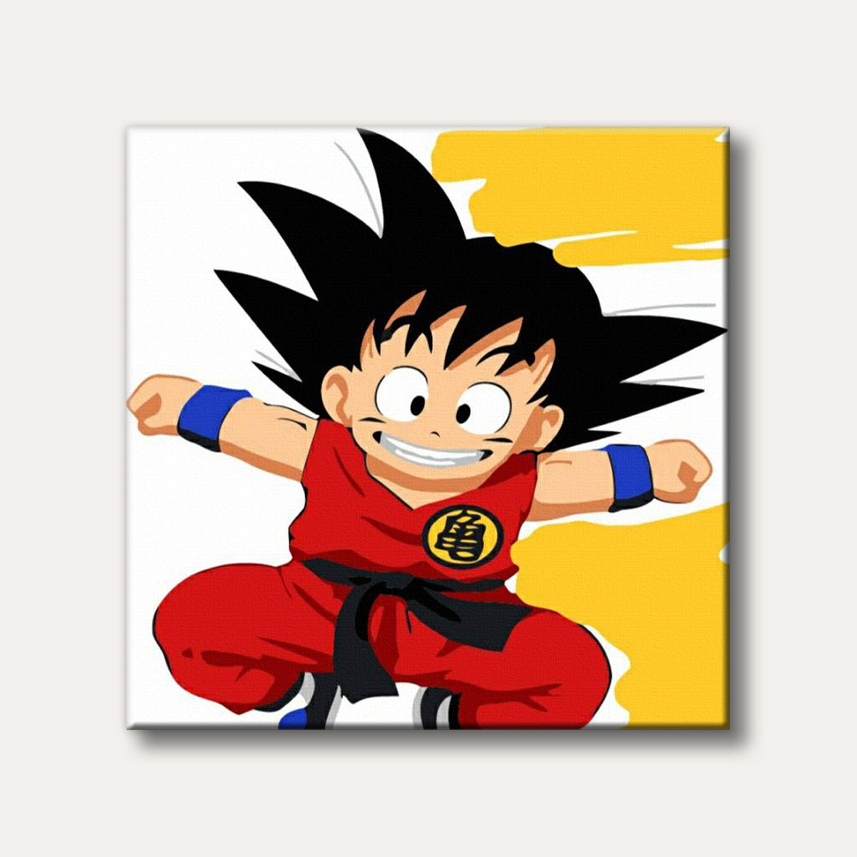 A cheerful young Goku from Dragon Ball Z is depicted in his iconic red gi with spiky black hair, smiling broadly and extending his arms in a classic anime style.