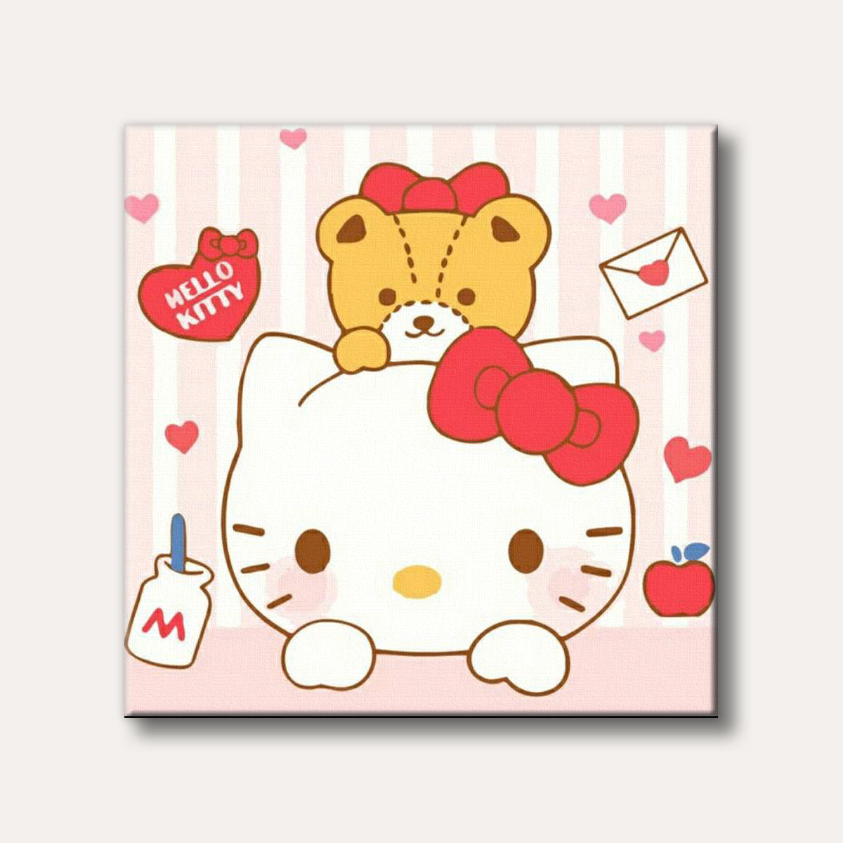 A cute illustration of Hello Kitty with a brown teddy bear on her head, surrounded by hearts, an apple, and an envelope, set against a pink striped background in a cheerful, cartoon style.