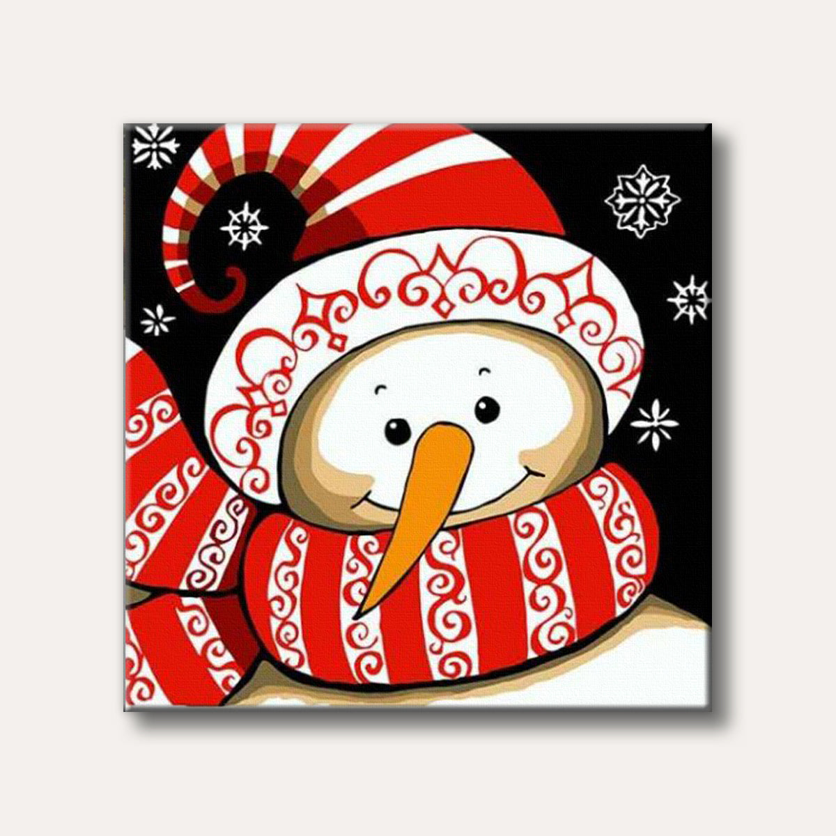 A cheerful snowman cartoon character wearing a red and white striped hat and scarf, set against a black background with white snowflakes, in a whimsical, festive style.