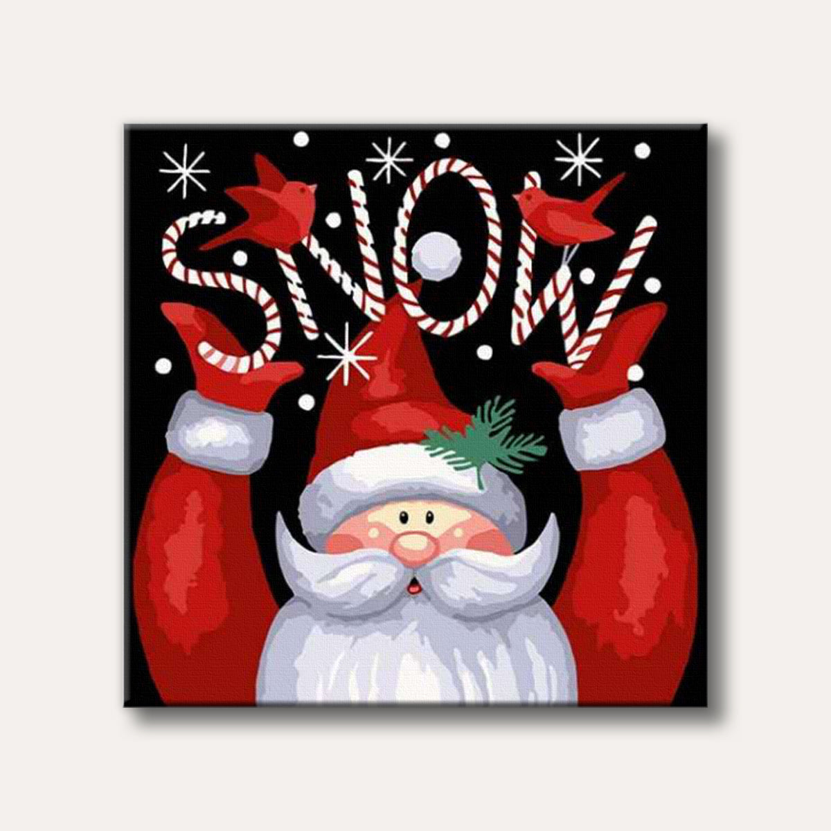 A cheerful illustration of Santa Claus holding up candy canes that spell "SNOW," surrounded by snowflakes and red birds, in a bold, festive holiday style.