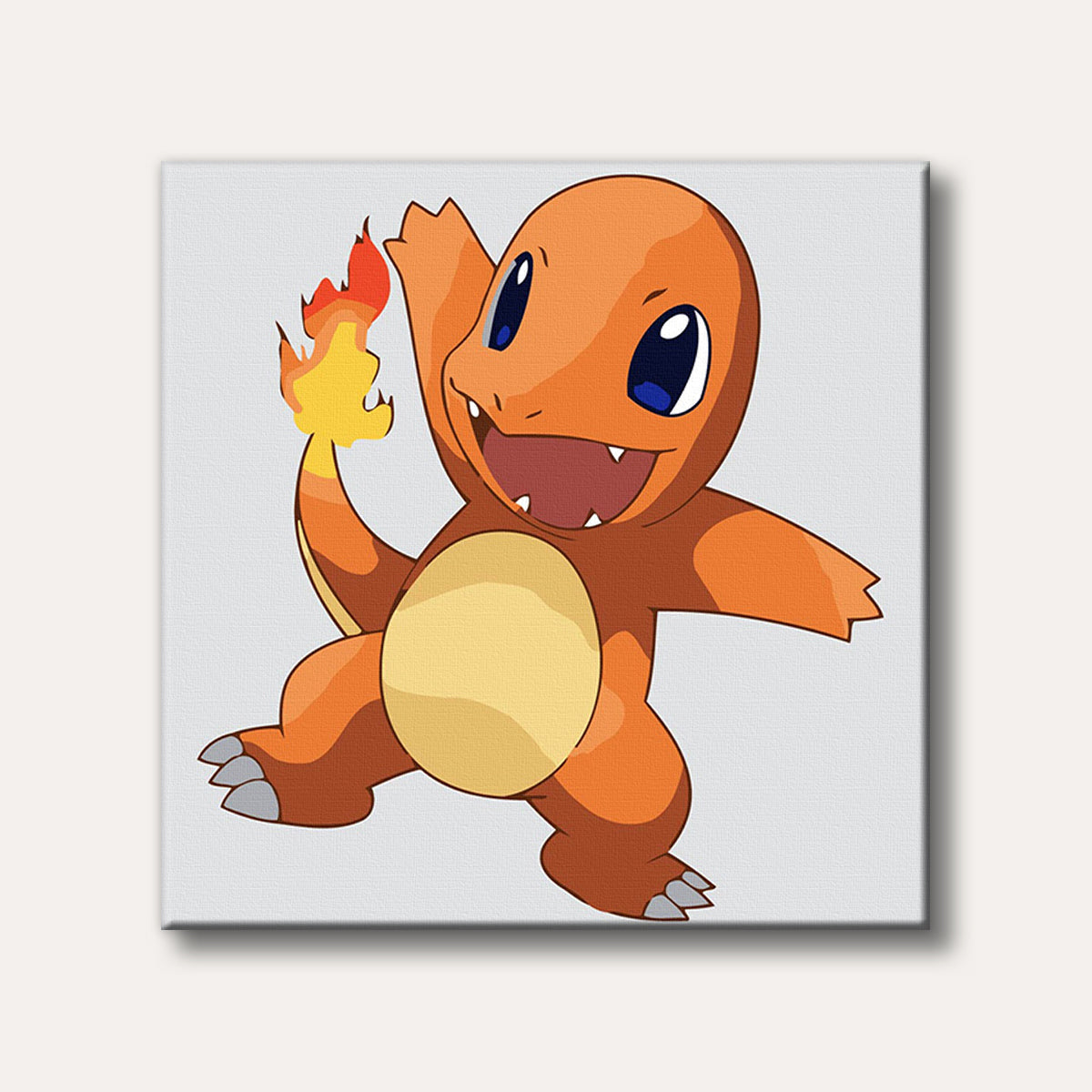 A vibrant illustration of Charmander, the orange reptilian Pokémon, happily posing with a flame on its tail.