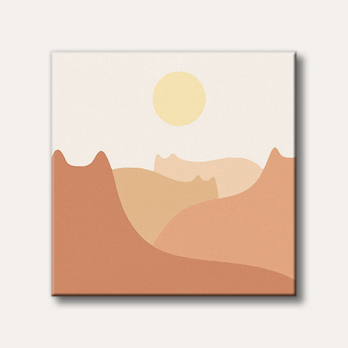 A minimalist, abstract illustration showing layered, terracotta and beige coloured shapes resembling cat silhouettes forming rolling hills under a pale yellow sun, set against an off-white background.