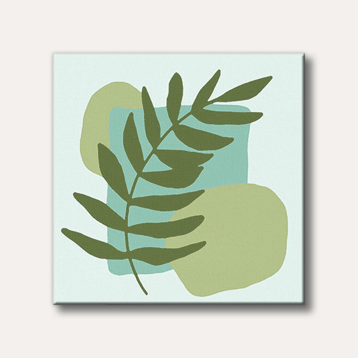 A minimalist abstract botanical artwork depicting a dark green leaf stem against a light blue square and two light green organic shapes on a pale background.