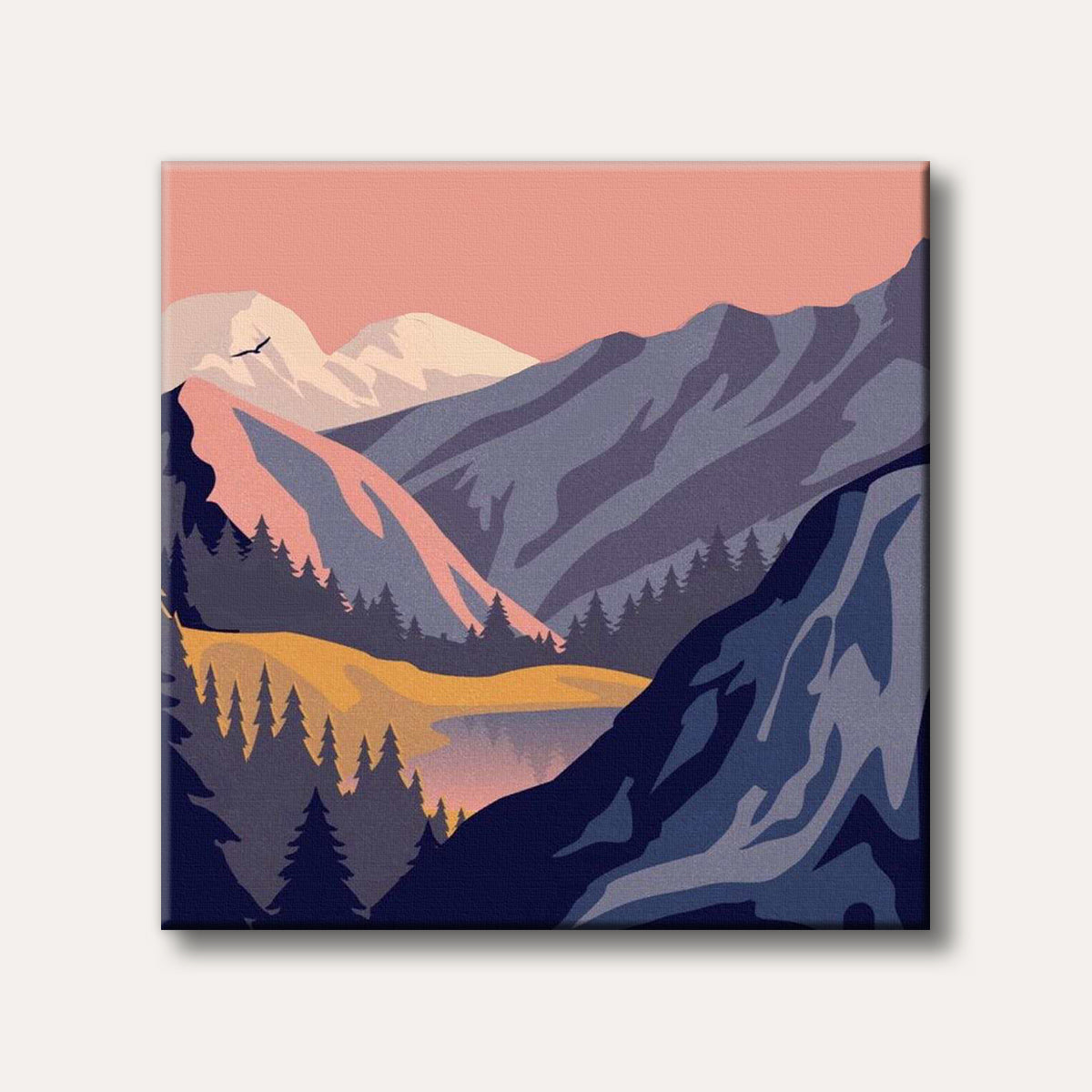 A stylized painting of a serene mountain landscape at sunset, featuring layers of blue and purple mountains, dark green pine trees, a yellow field, and a bird flying in a pink sky.