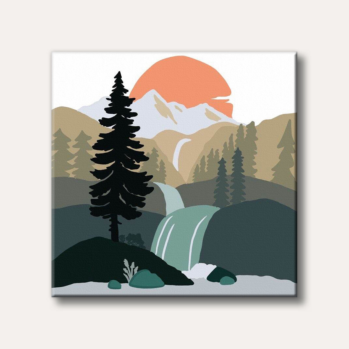 A stylized landscape featuring a prominent pine tree, a cascading waterfall, and distant mountains under a large setting orange sun, rendered in a minimalist, flat design style.