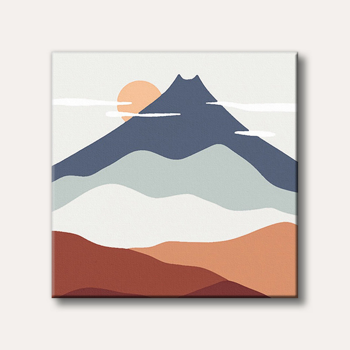 An abstract minimalist painting of a large blue mountain with a setting orange sun, flanked by soft white clouds and rolling hills in shades of rust and grey, creating a serene modern landscape.