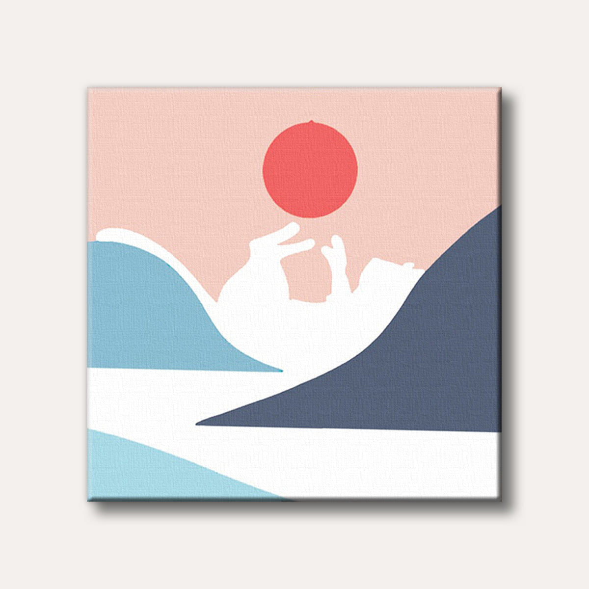 A minimalist graphic illustration depicting a white rabbit silhouette playfully reaching for a red sun against a pink sky with blue abstract hills, rendered in a modern, calm style.