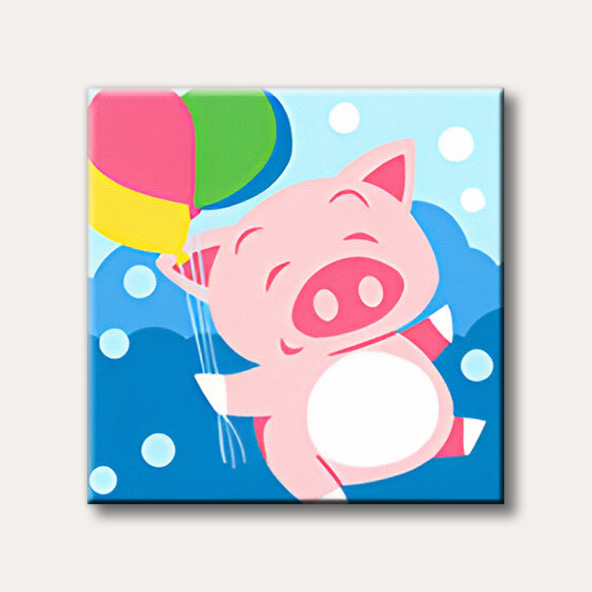 A charming cartoon illustration of a pink pig happily floating with colourful balloons against a blue sky, depicted in a cheerful and simple style.
