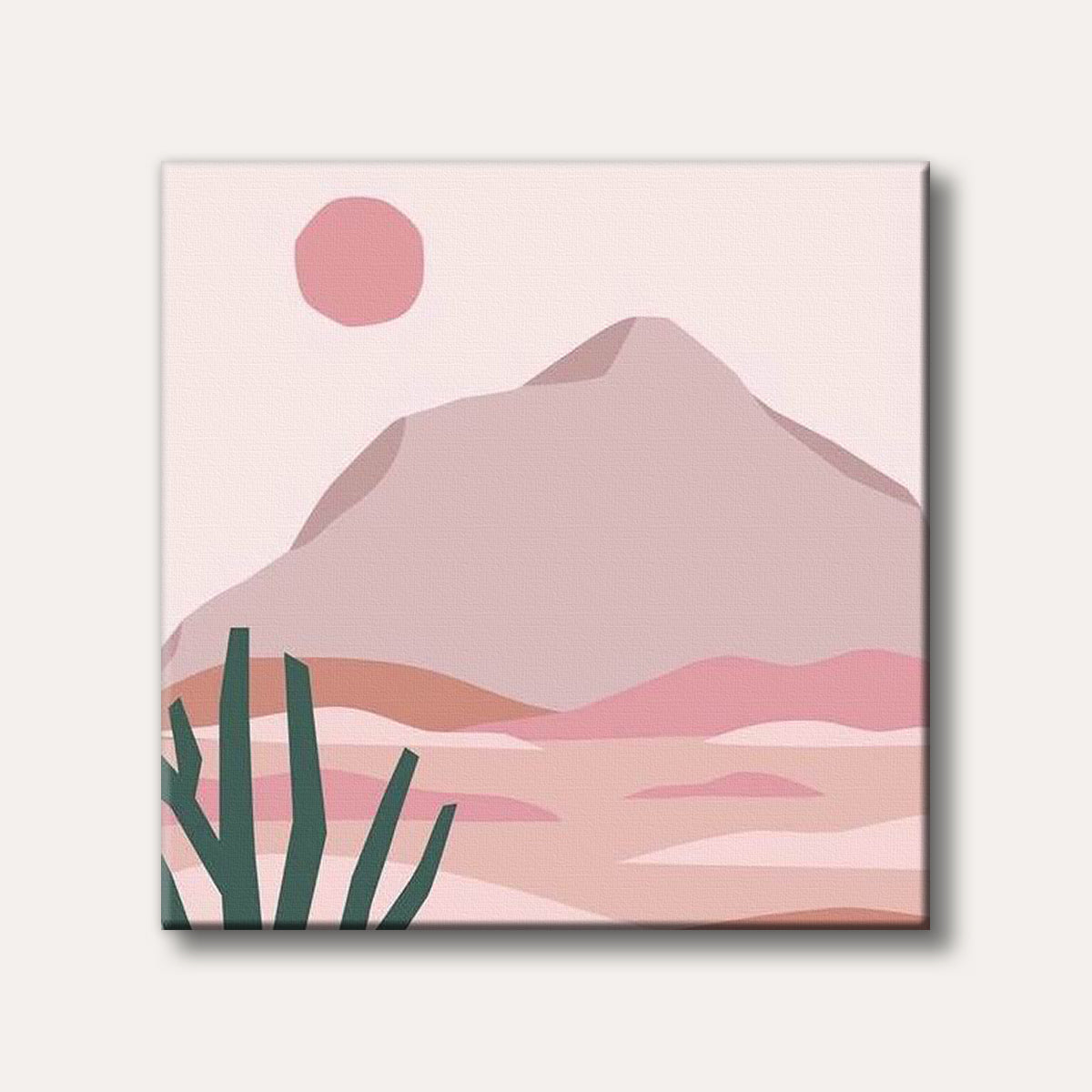 An abstract minimalist landscape featuring a large pink mountain, a pink sun, and green plant silhouettes against a warm desert-toned sky.