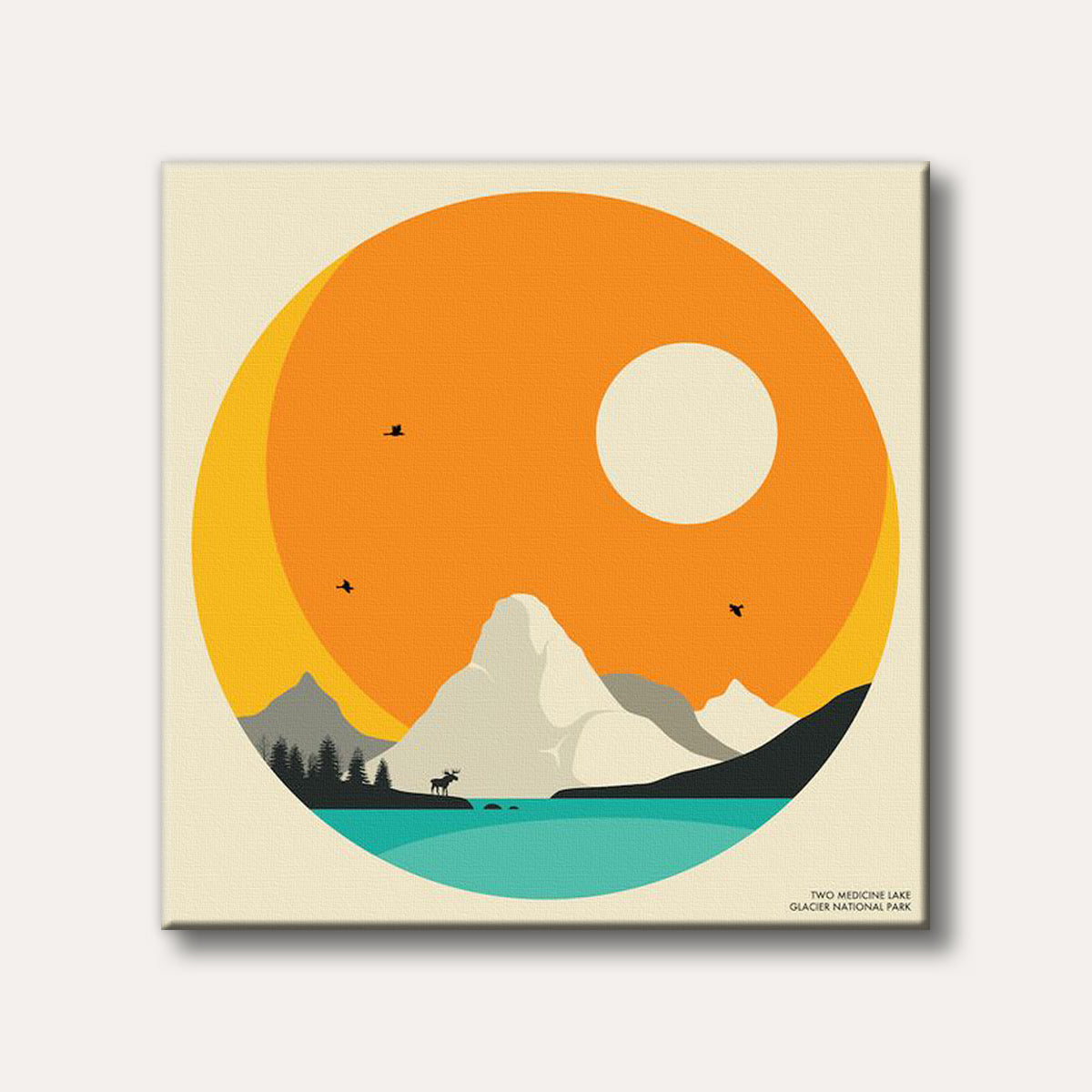 A minimalist circular illustration of Two Medicine Lake in Glacier National Park, showing a golden sky, turquoise water, mountains, and wildlife.