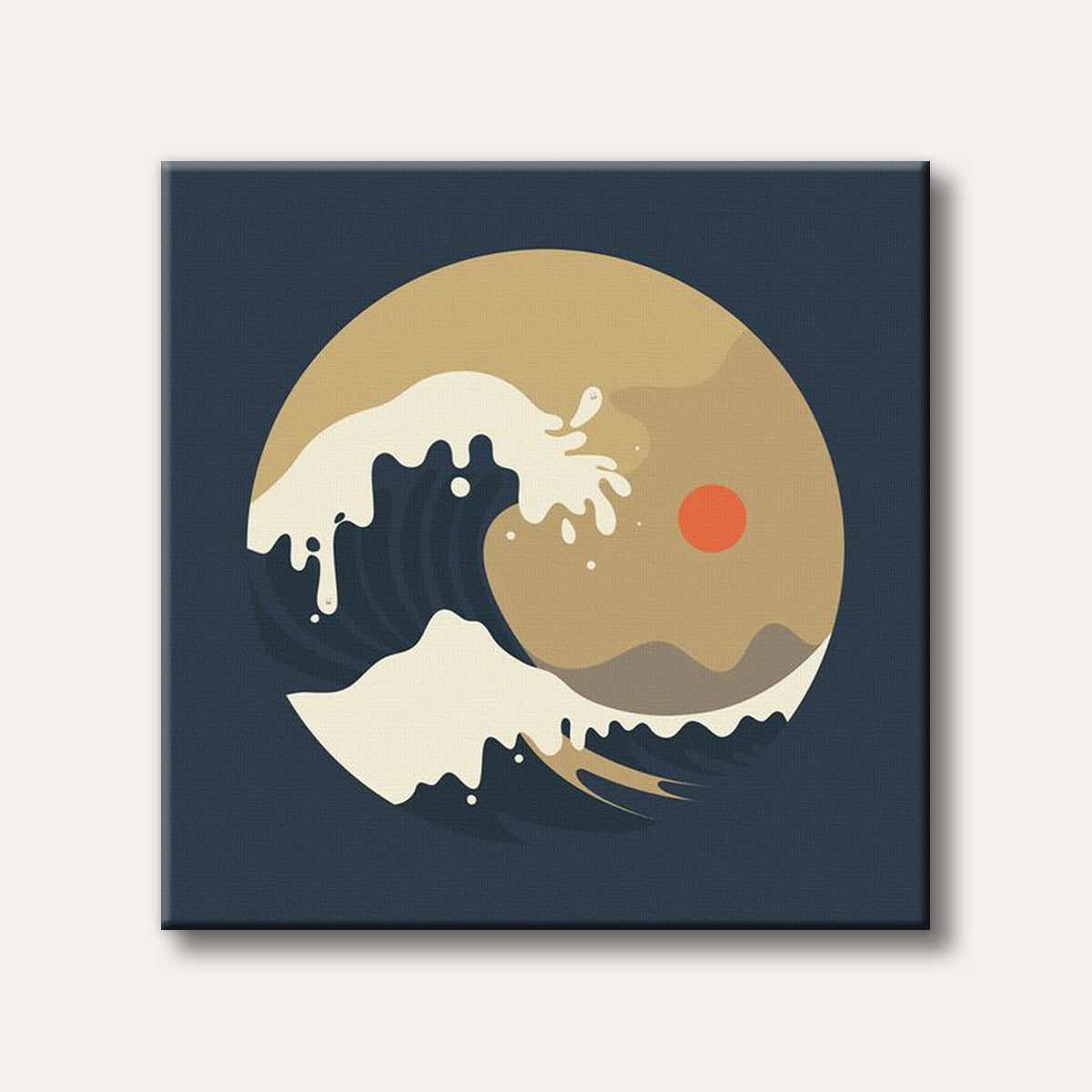 A minimalist illustration of a large ocean wave cresting with foamy white details, a red sun above distant land within a circular beige frame, all set against a dark blue background.