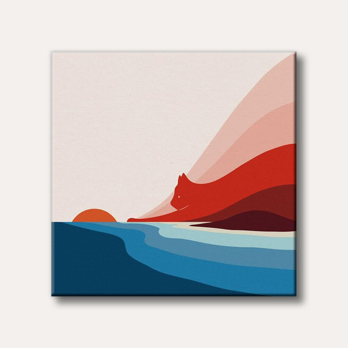 A stylized red cat stretching at the edge of a multi-toned blue ocean, with a vibrant orange sun setting in the distance, depicted in a minimalist and graphic art style.