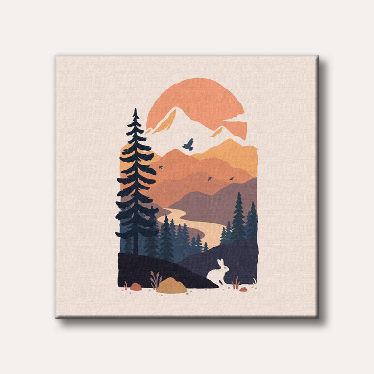 A minimalist, illustrative painting depicting a serene mountain landscape with a winding river, tall pine trees, a setting sun, flying birds, and a white rabbit.