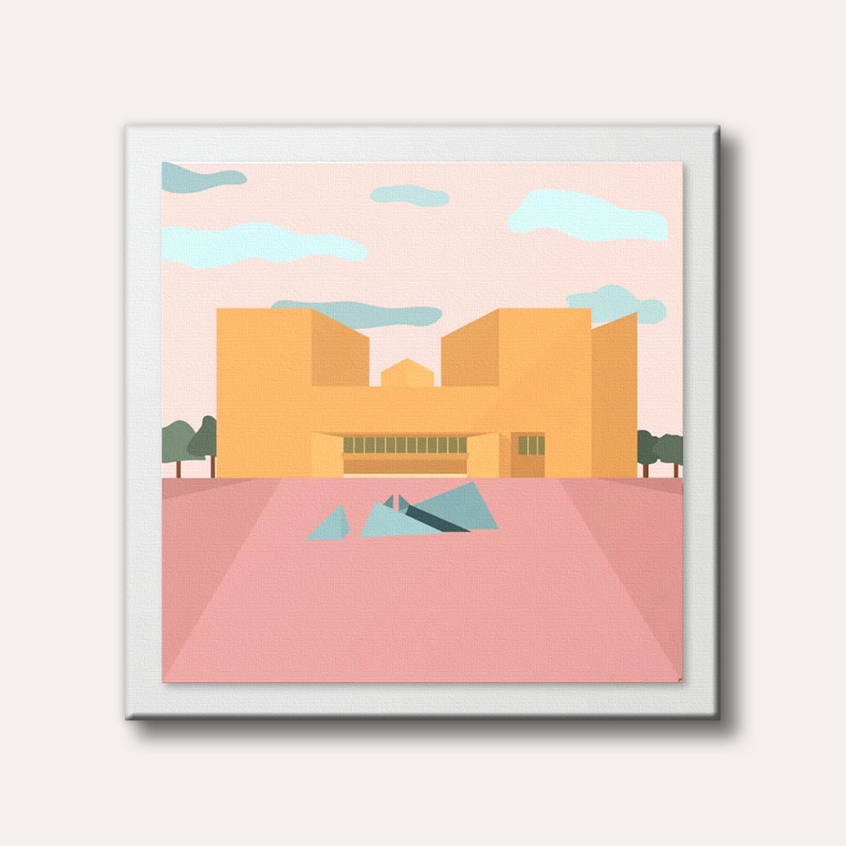 A stylized, flat design rendering of a large, modern geometric building with a warm yellow facade against a soft pink sky with light blue clouds, featuring abstract shapes in the foreground.