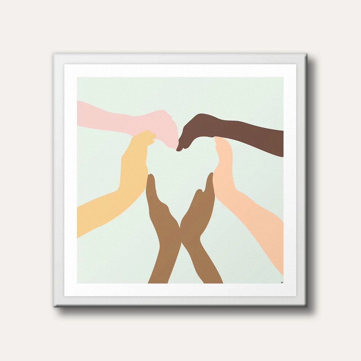 An illustration of multiple hands with diverse skin tones forming a heart shape against a light green background, symbolizing unity and love.