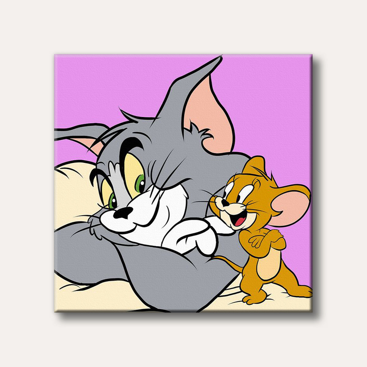 A vibrant cartoon illustration of Tom the cat and Jerry the mouse from Tom and Jerry, set against a pink background, in a cheerful and classic style.