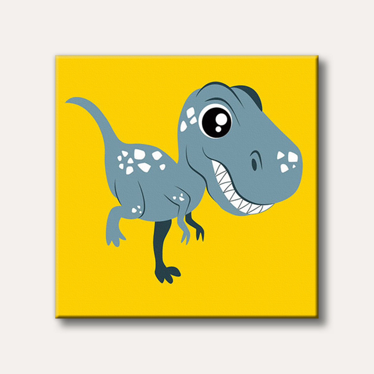 A playful, cartoon-style baby T-Rex with large eyes and sharp teeth, rendered in blue-grey and white against a bright yellow background.