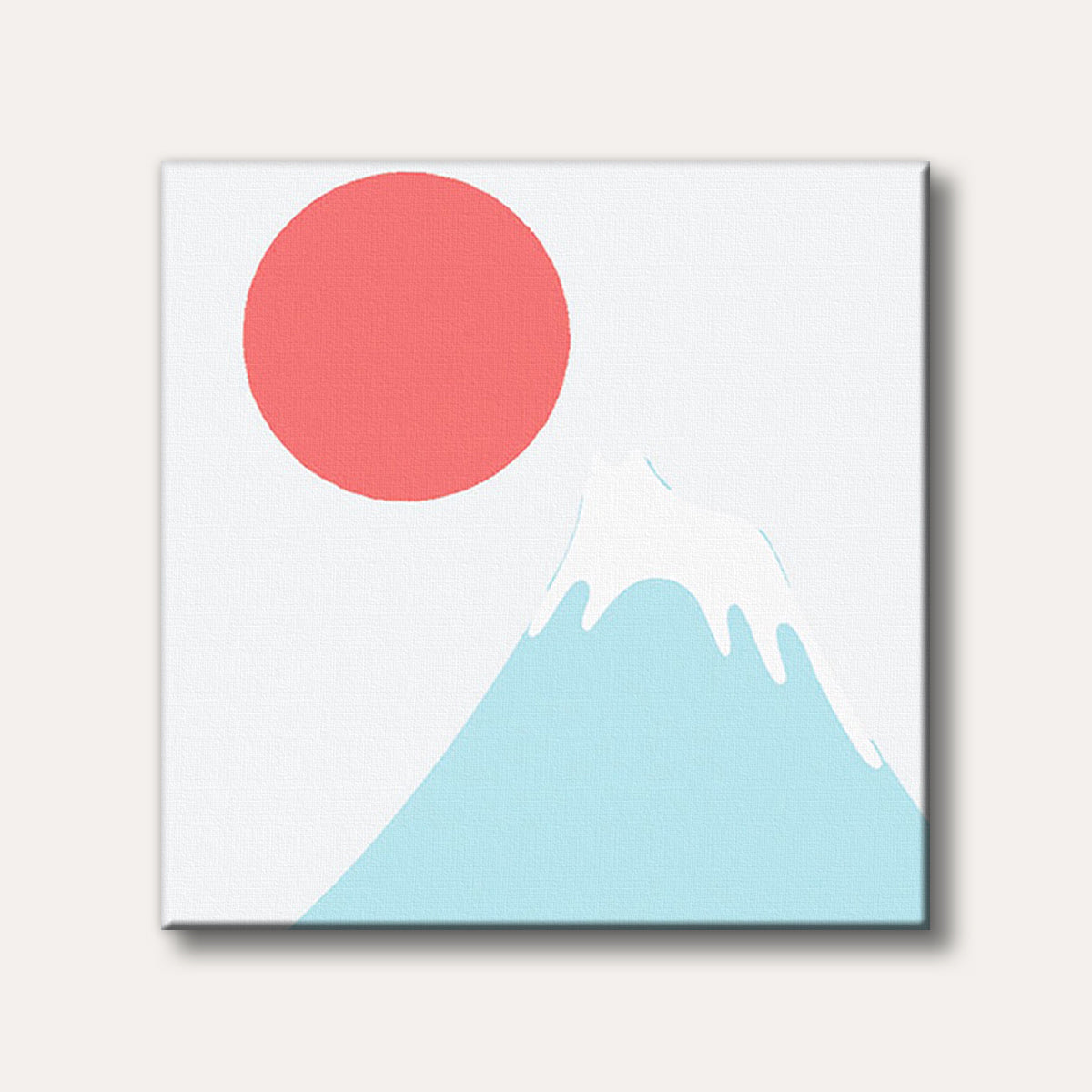 A minimalist illustration featuring a light blue Mount Fuji with a white snow cap, set against a pure white background with a large, bold red sun.