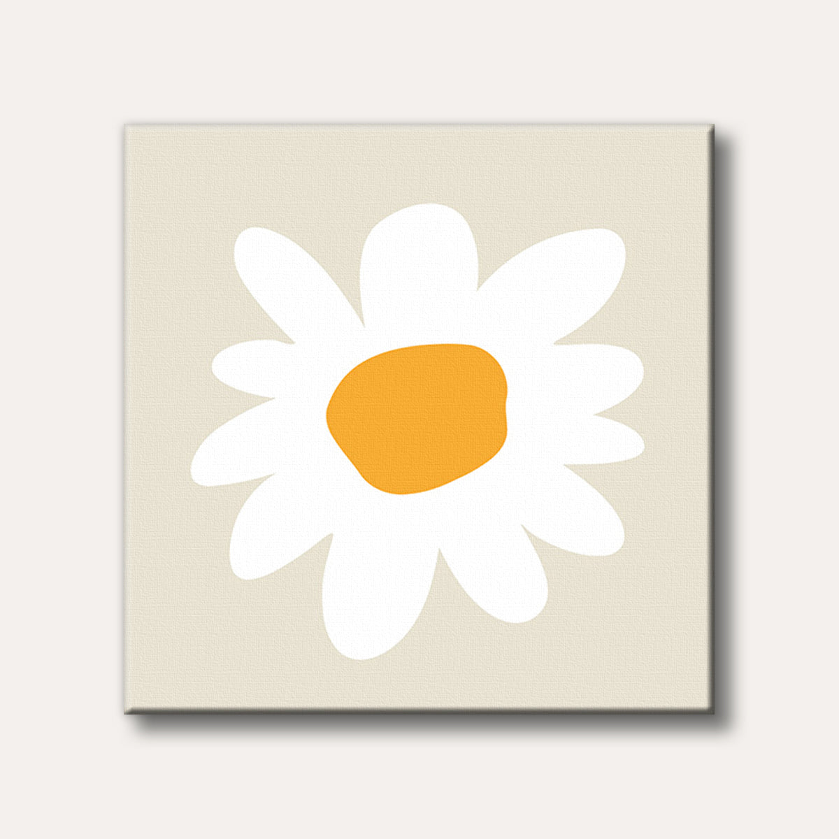 A minimalistic illustration of a white daisy with an orange center, set against a light beige background, in a cheerful and simple style.