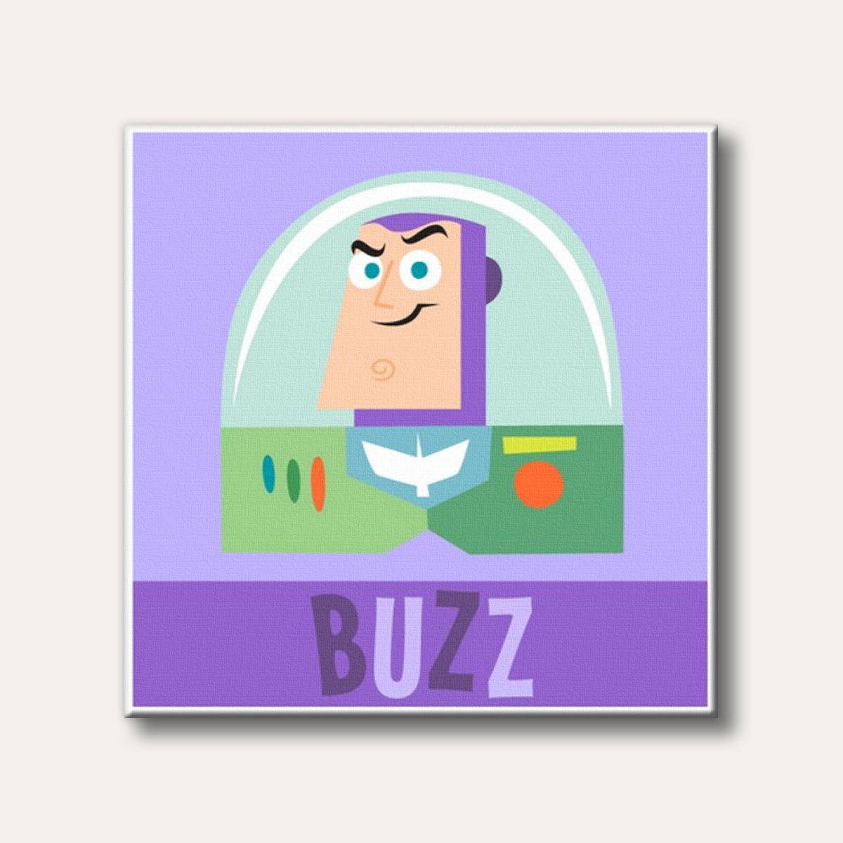 A minimalist, flat-design illustration of Buzz Lightyear from Toy Story, featuring his iconic purple, green, and white suit against a light purple background with the word 'BUZZ' below.