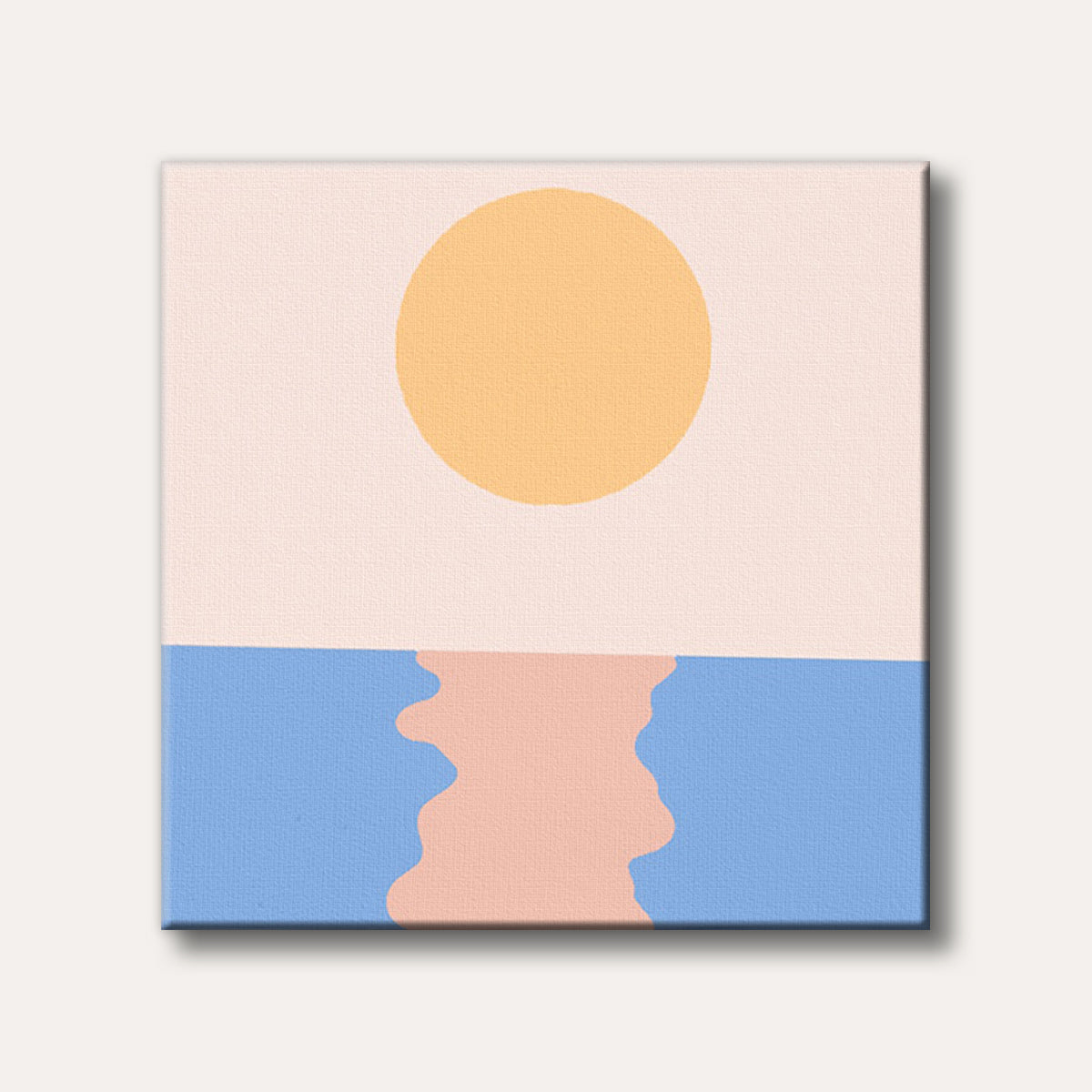 An abstract painting depicting a large yellow circle representing the sun or moon above a blue body of water with a peach-coloured reflection, rendered in a minimalist, calming style.