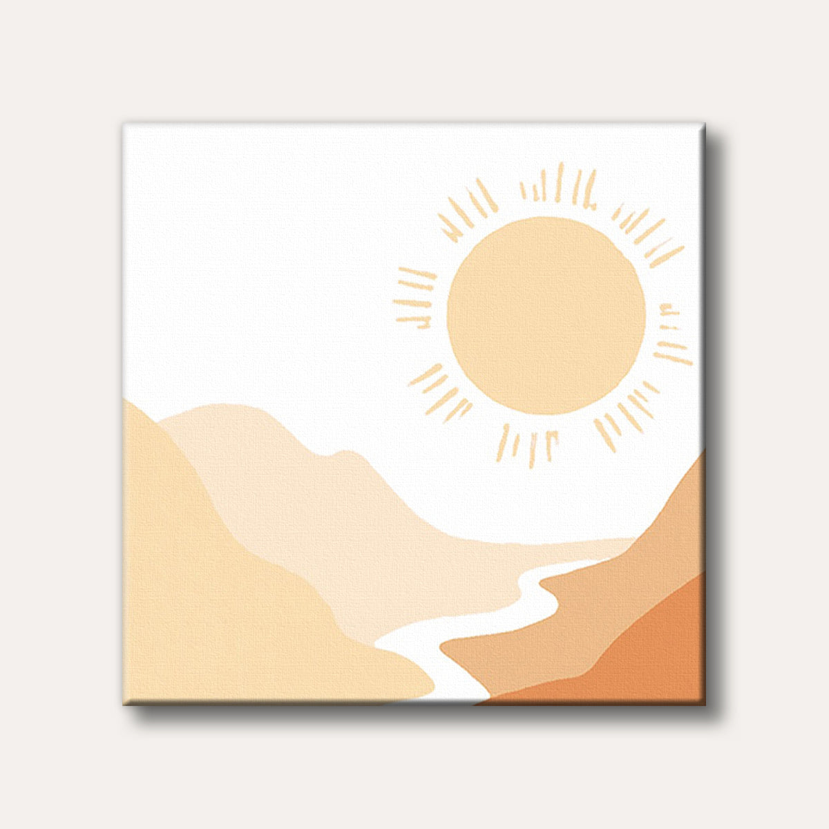 A minimalist landscape painting featuring rolling hills and a winding river in warm desert tones under a simple yellow sun, depicted in an abstract, serene style.