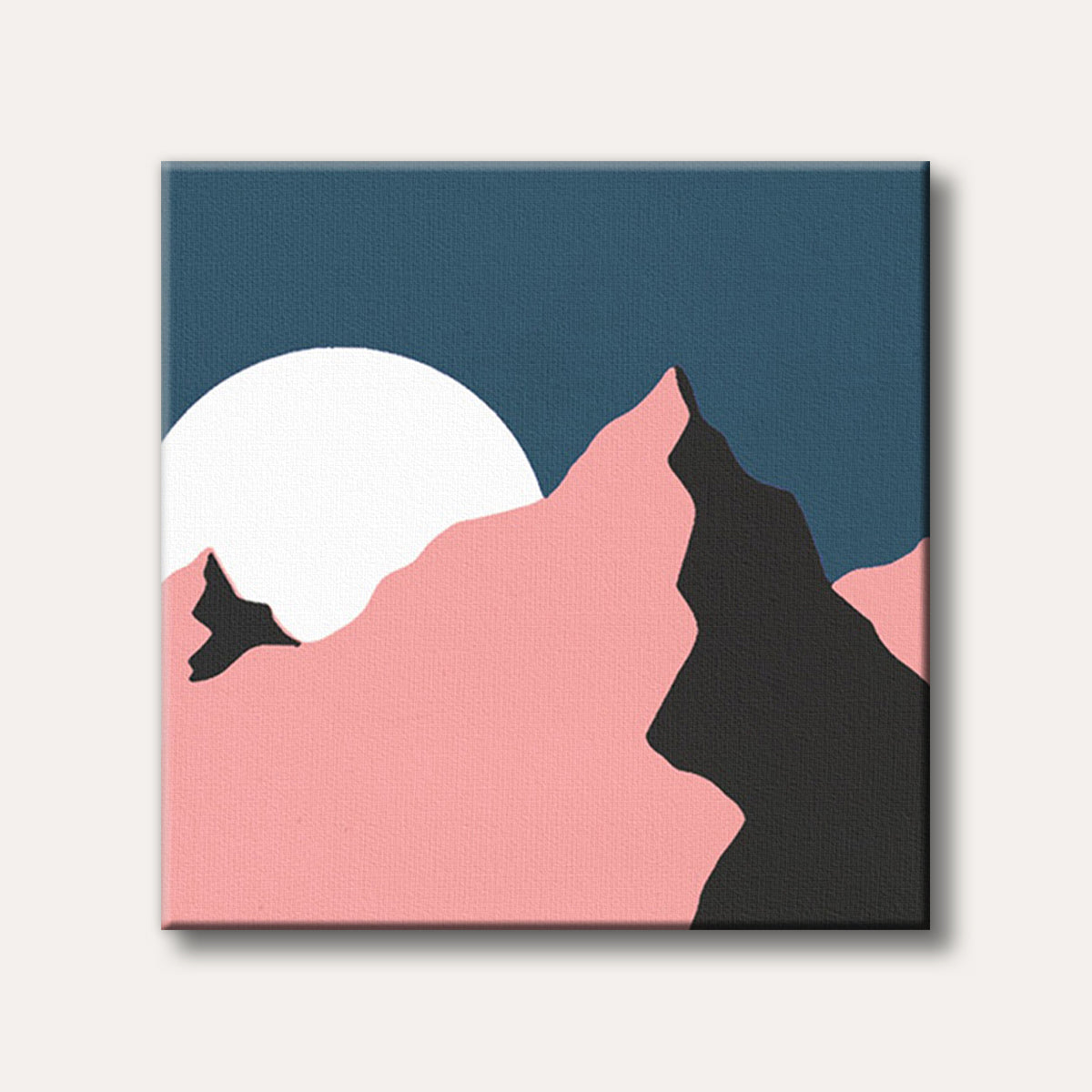 A minimalist abstract painting featuring bold pink mountain shapes and dark peaks against a deep blue sky with a large white sun or moon.