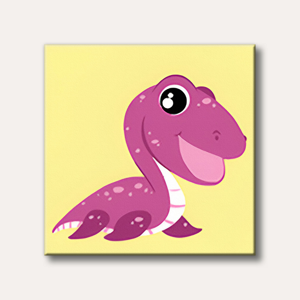 A cute, smiling purple cartoon dinosaur with large black eyes and white belly, featuring small purple spots, against a pale yellow background.
