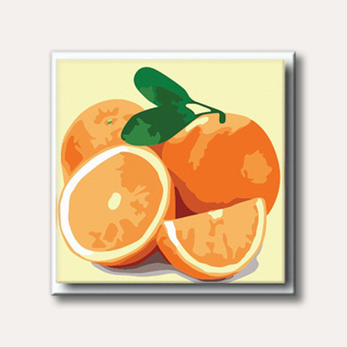 A still life painting depicting whole and sliced oranges with a green leaf, rendered in a bright, graphic style with block colours.