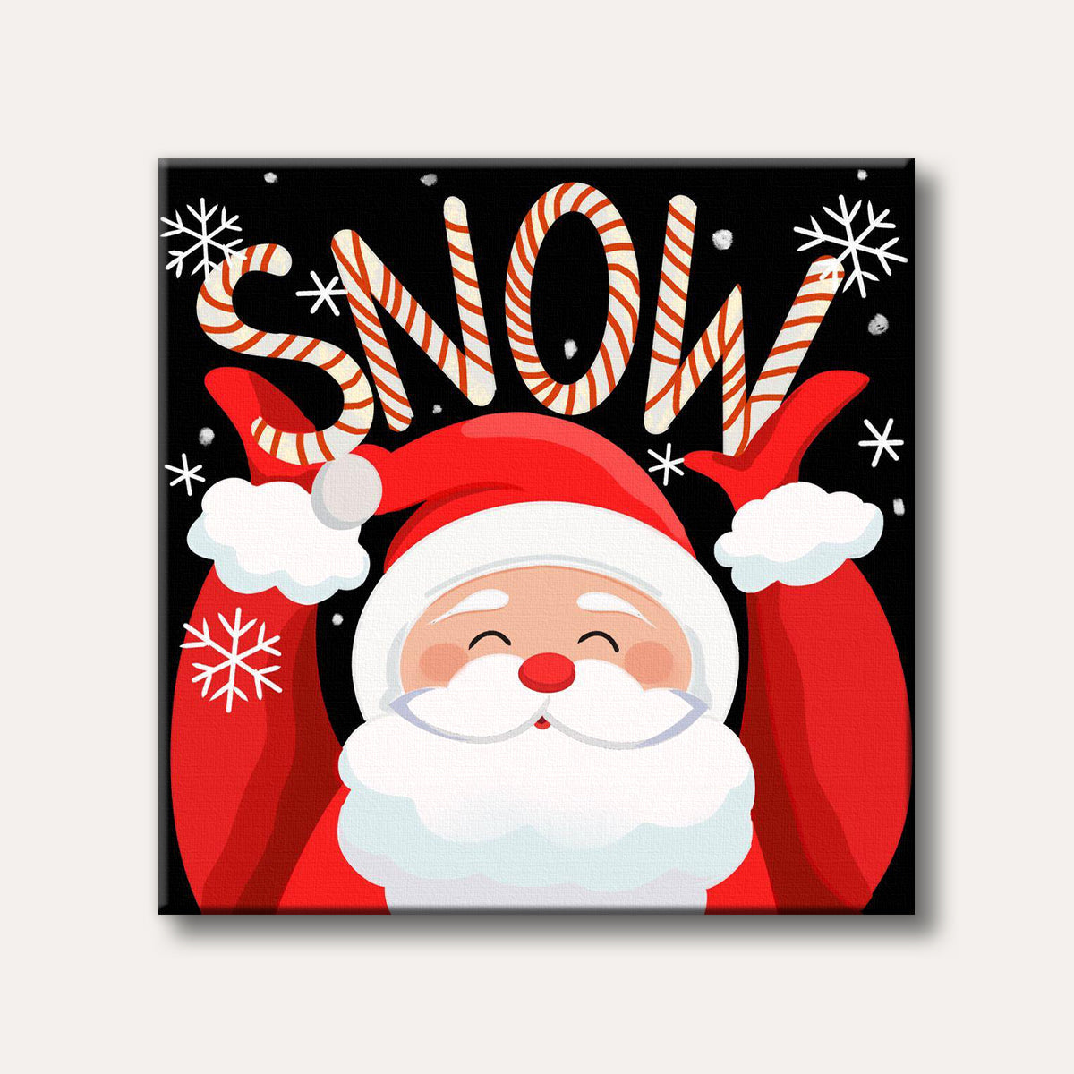 A cheerful cartoon illustration of Santa Claus with his arms raised, smiling below the word 'SNOW' spelled in candy canes and surrounded by white snowflakes on a black background.