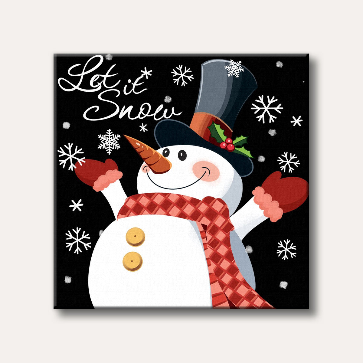 A cheerful cartoon snowman wearing a top hat, red plaid scarf, and red mittens, surrounded by white snowflakes on a black background, with 'Let It Snow' written in white script.