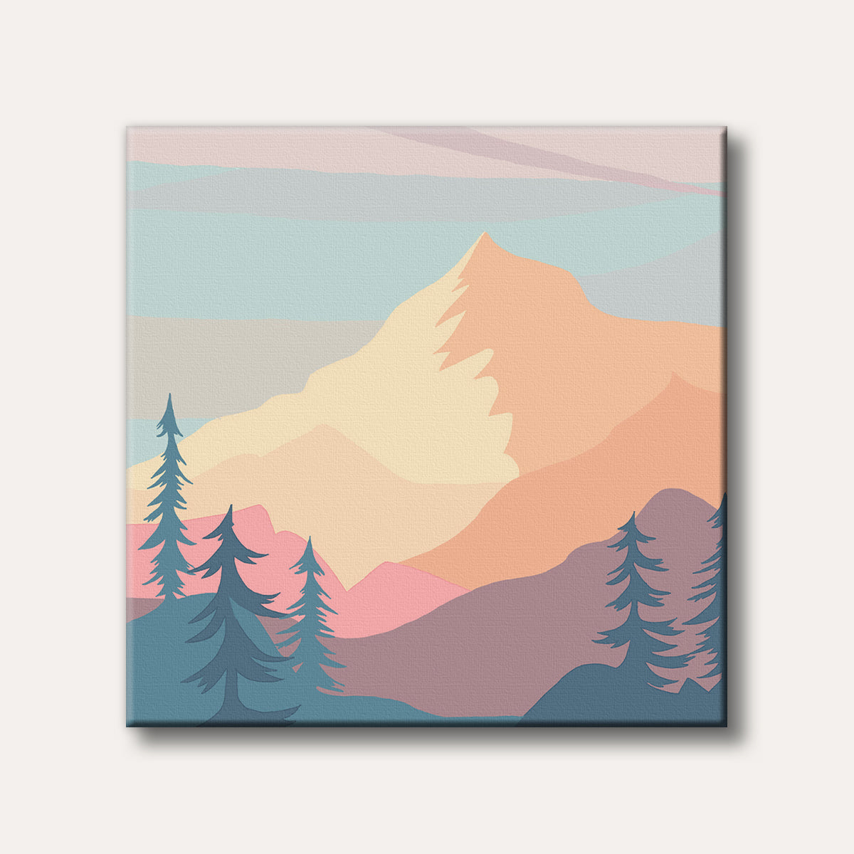 A stylized, minimalist mountain landscape featuring layered peaks and evergreen trees rendered in soft pastel shades of peach, pink, blue, and purple.