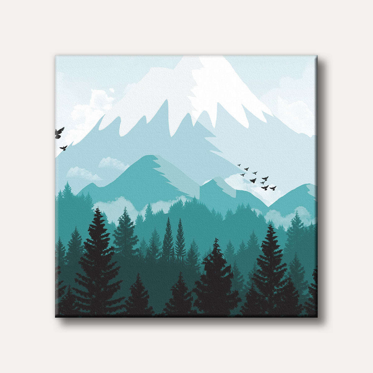 A minimalist landscape illustration of snow-capped mountains and a dense evergreen forest in varying shades of blue and teal, with birds flying across a pale blue sky.