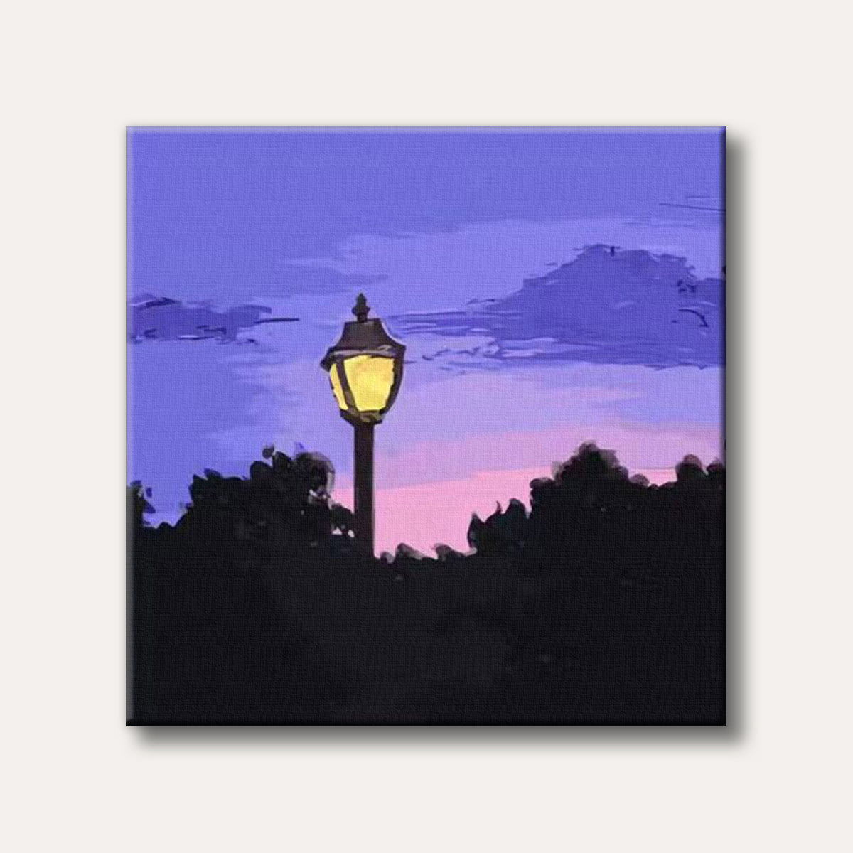 A vintage street lamp glows brightly against a twilight sky featuring purple and pink hues, silhouetting dark foliage in a stylized, atmospheric painting.