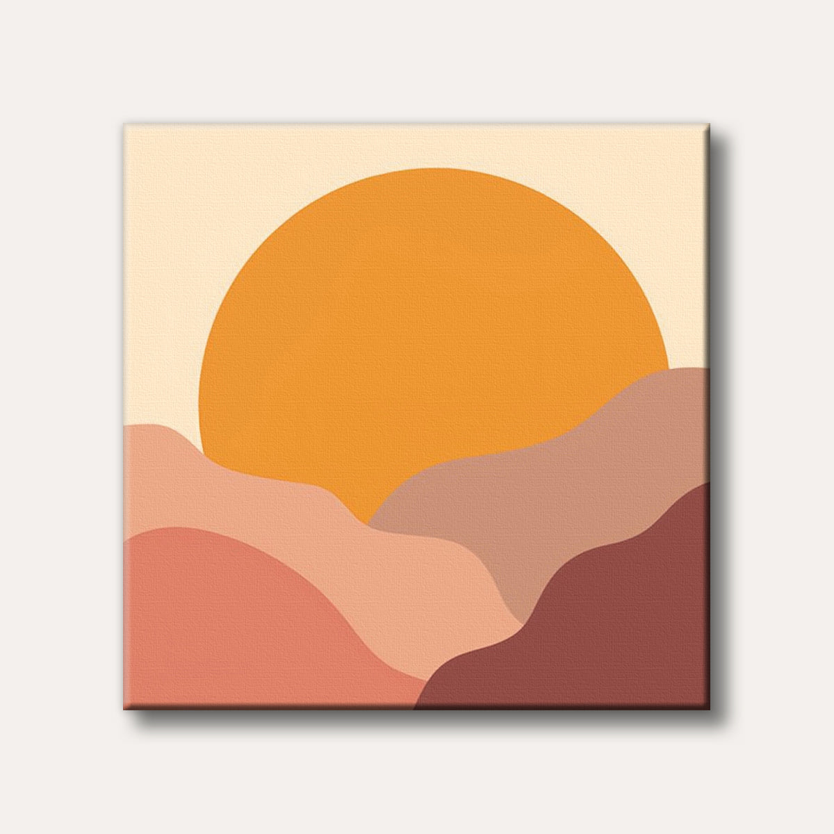 An abstract, minimalist artwork depicting a large orange sun setting behind undulating hills in warm, earthy tones of terracotta, brown, and beige, conveying a peaceful desert atmosphere.