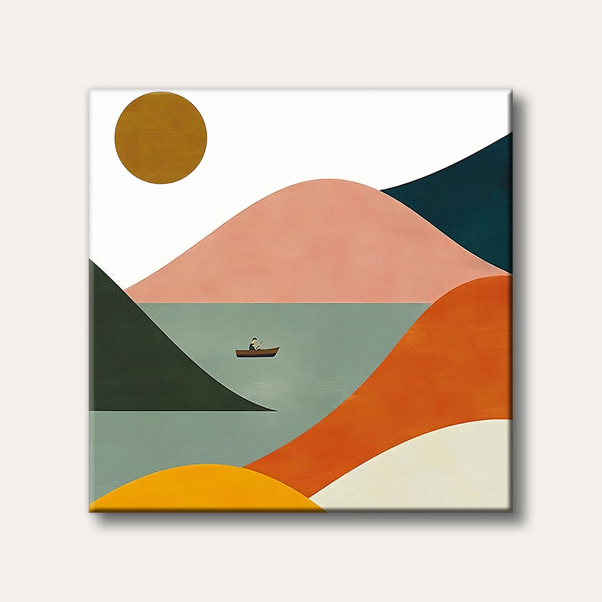 A minimalist painting of a person in a small boat on a calm lake, surrounded by abstract, pastel-coloured mountains under a large golden sun.