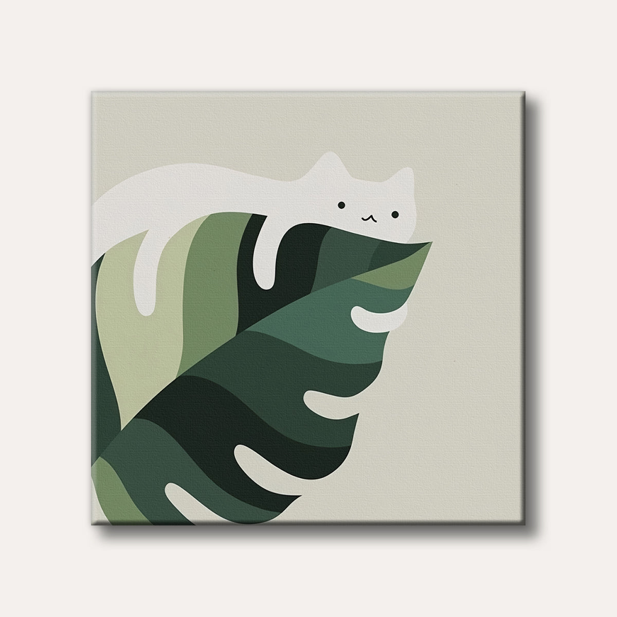 A minimalist illustration of a cute white cat lying on a large green monstera leaf against a light beige background, rendered in a charming and simple style.