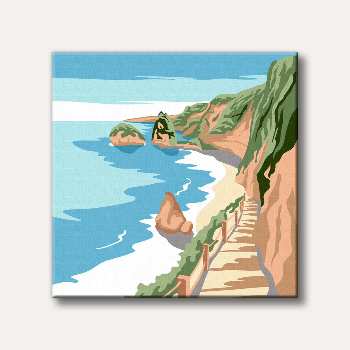 An illustration depicting a serene coastal scene with a walking path, sandy beach, blue ocean, and rocky cliffs under a clear sky, rendered in a flat, vector art style.
