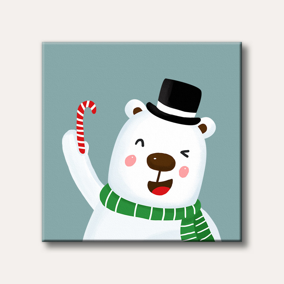 A cheerful cartoon polar bear wearing a top hat and green scarf, winking and holding up a candy cane against a muted blue background, rendered in a cute, simple style.