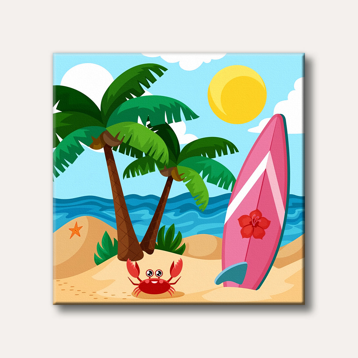 A vibrant cartoon illustration of a sunny beach scene with palm trees, a pink surfboard, a red crab, and a starfish on the sand.