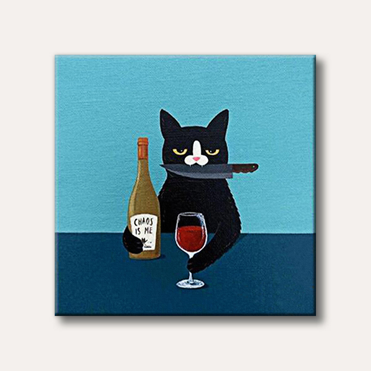 A stylized illustration of a grumpy black cat holding a knife in its mouth, standing beside a wine bottle labeled 'CHAOS IS ME' and a glass of red wine, all set against a teal background in a humorous, flat art style.