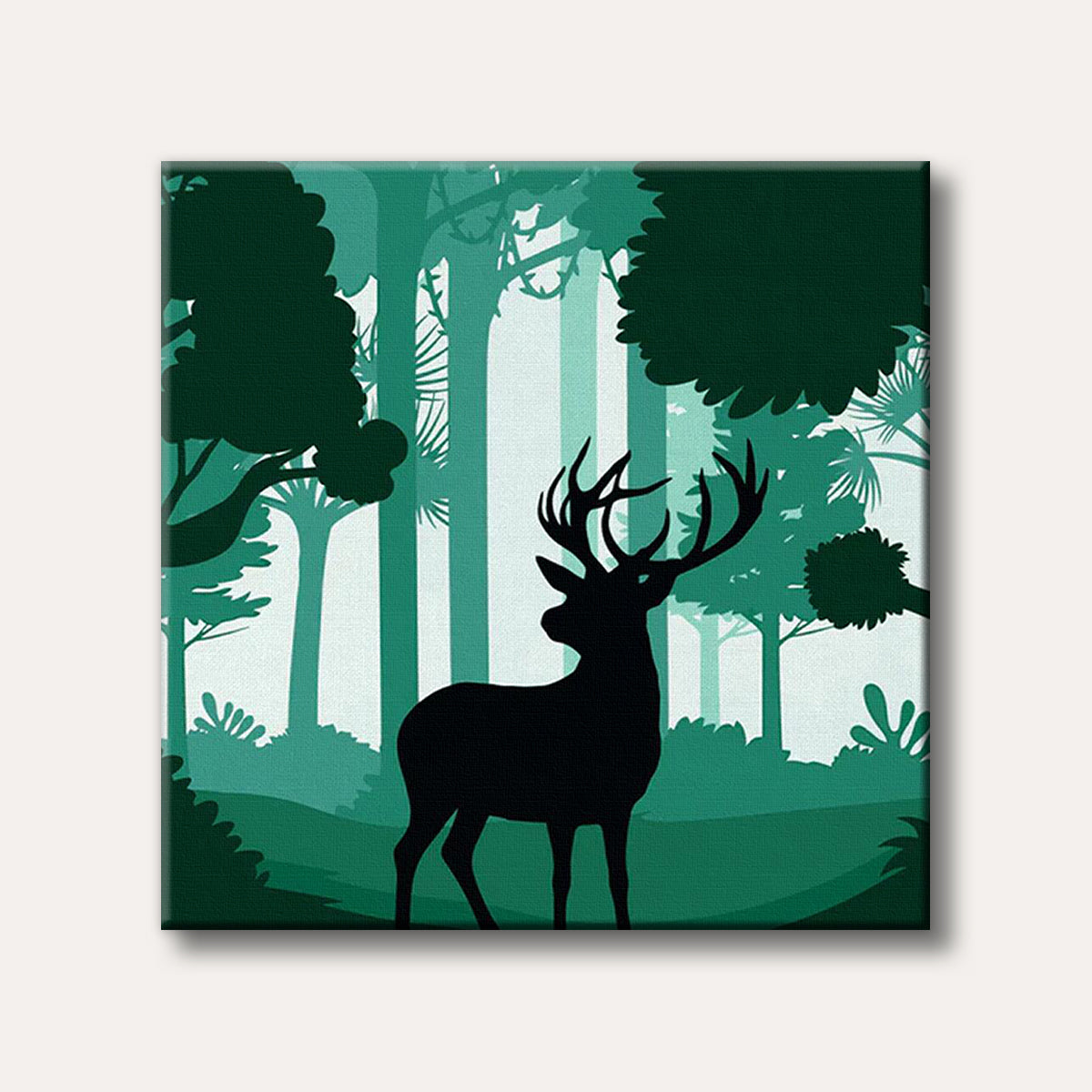 A striking black silhouette of a stag with prominent antlers stands amidst a layered, green forest, depicted in a graphic and modern style.
