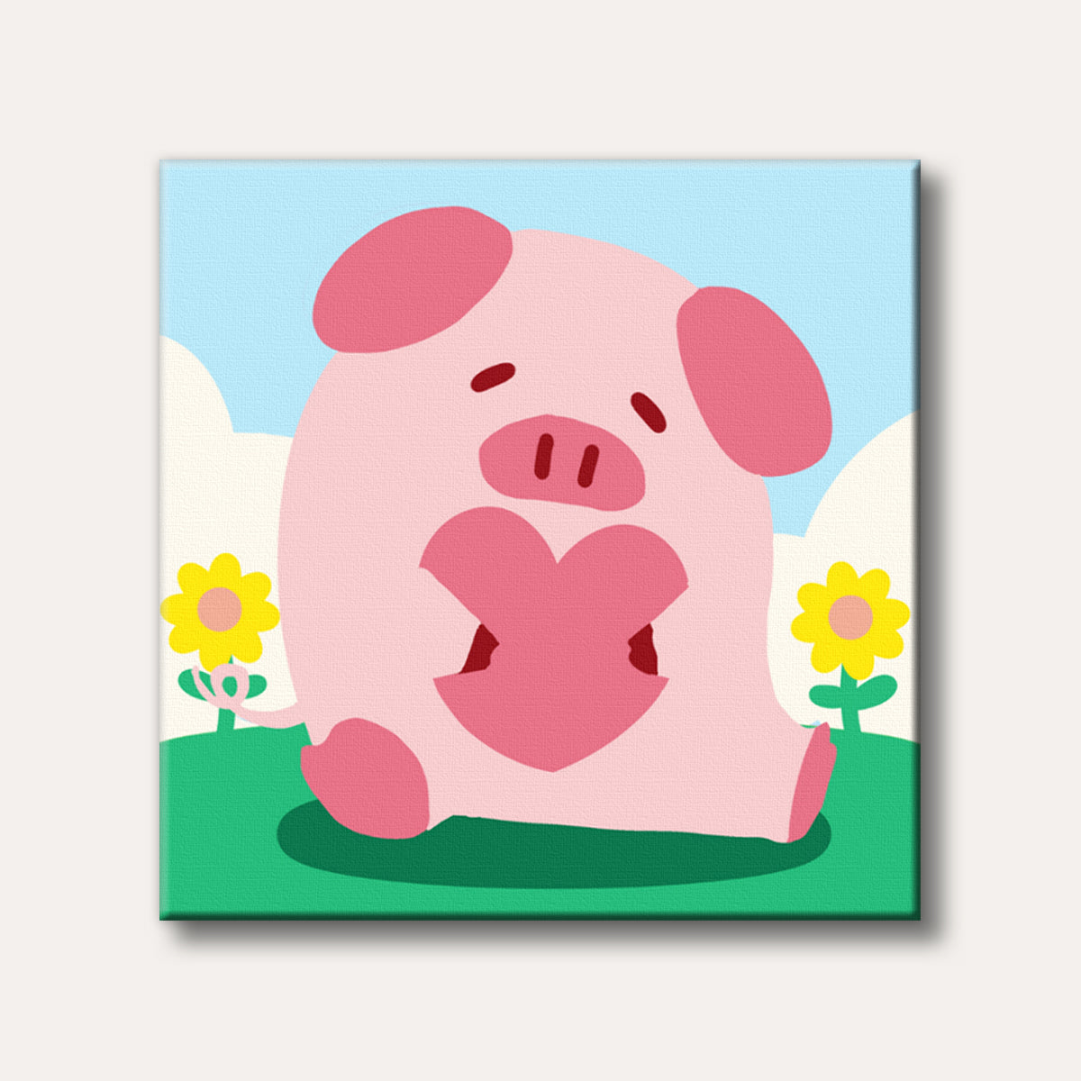 A cute pink cartoon pig sits in a green field under a blue sky, holding a large pink heart, depicted in a simple, cheerful illustration style.