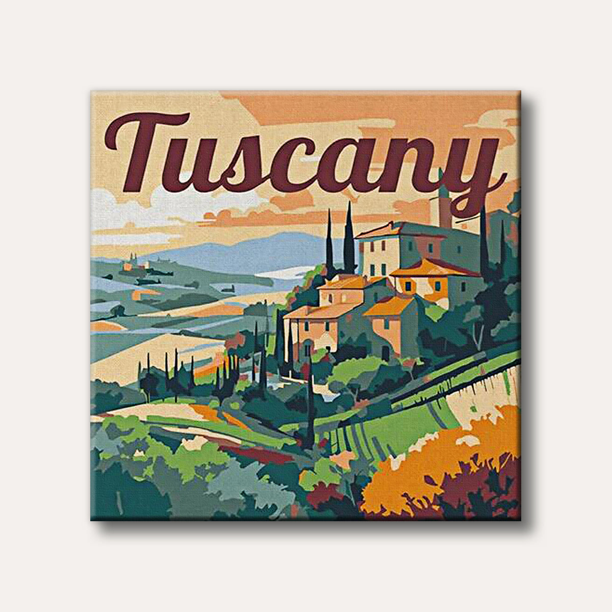 A retro-style travel poster depicting a scenic Tuscan village nestled among rolling green hills and cypress trees under a warm, light-coloured sky.