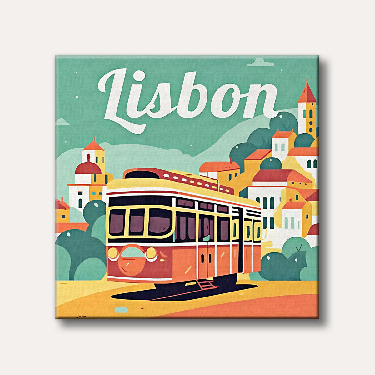 A vibrant, vintage-style illustration depicting an iconic yellow and red tram in Lisbon, with colourful city buildings and hills under a teal sky.